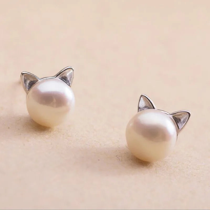 Boucles d'oreilles Fines Chat en Perles d'Argent Sterling