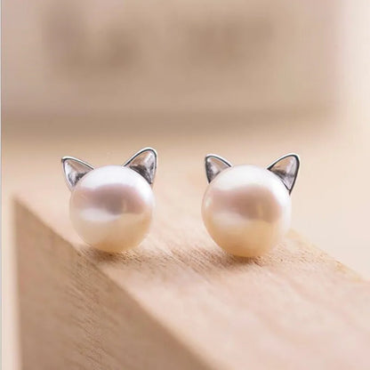 Boucles d'oreilles Fines Chat en Perles d'Argent Sterling