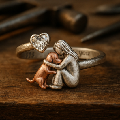 Bague Chien en Argent Sterling 925 Faite Main avec Zircone en Forme de Cœur – Taille Réglable