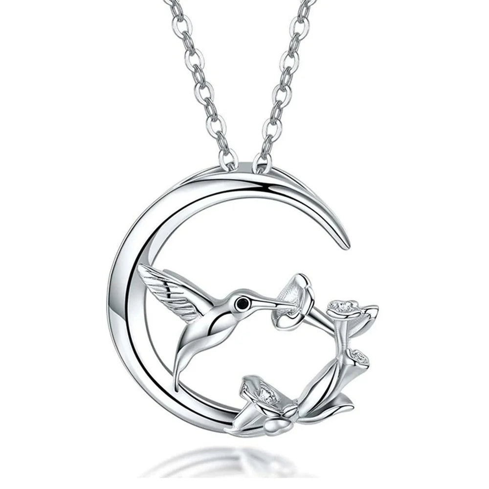 Collier Pendentif Argent Oiseau Lune Vintage