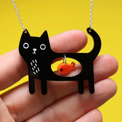 Collier Pendentif Acrylique Fantaisiste Chat et Poisson