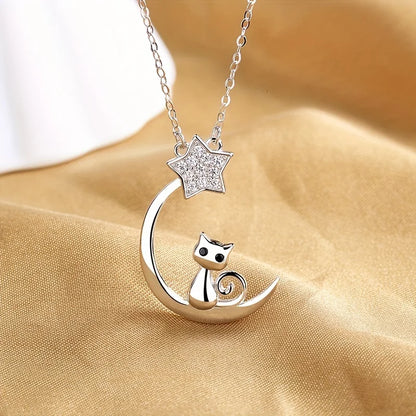 Collier Argent Sterling Chat Lune Étoile