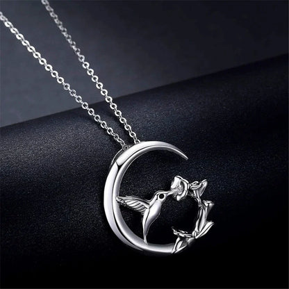 Collier Pendentif Argent Oiseau Lune Vintage