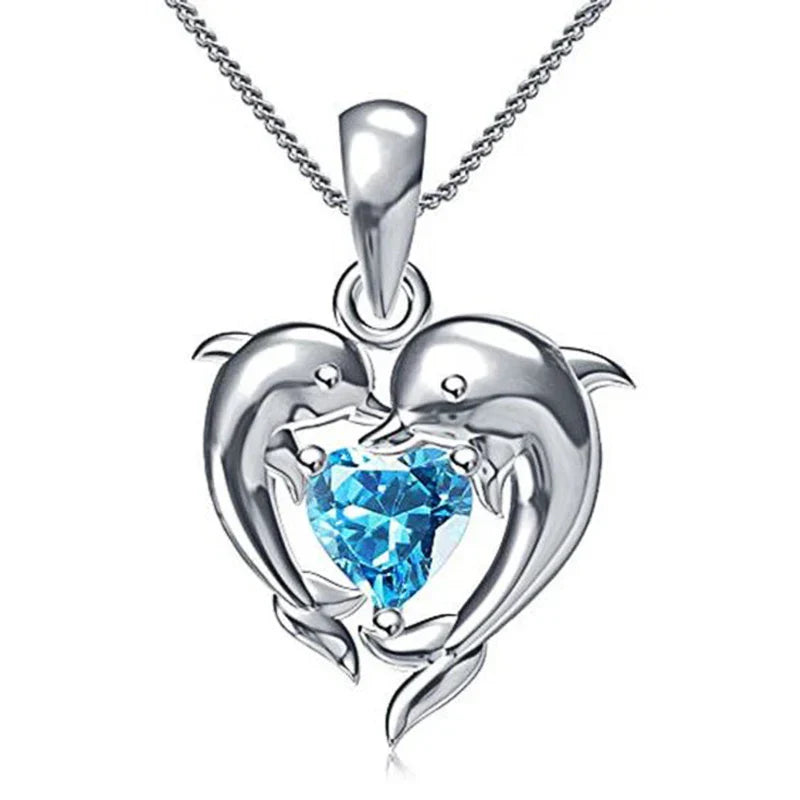 Collier Dauphin Amour Cœur Bleu