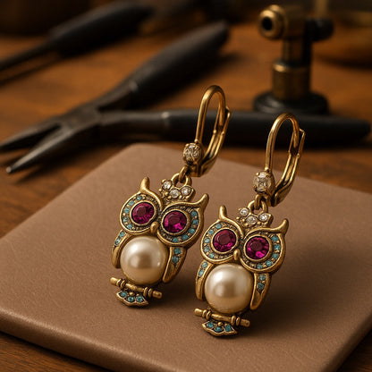 Boucles d'oreilles Hibou Cristal Vintage – Placé Or, Cristaux Montés à la Main et Détail Perle