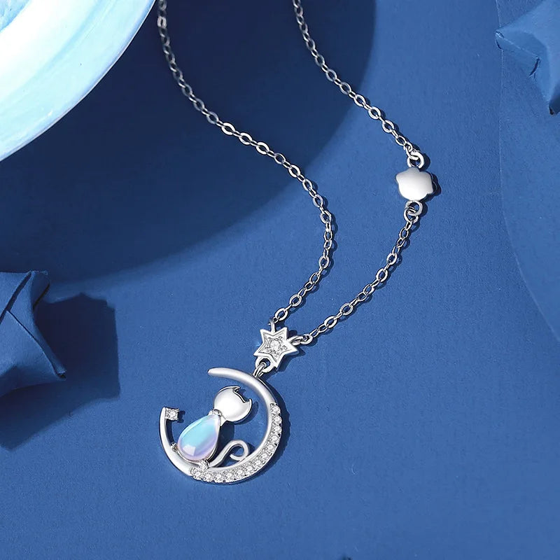 Collier Argent Sterling Chat Lune
