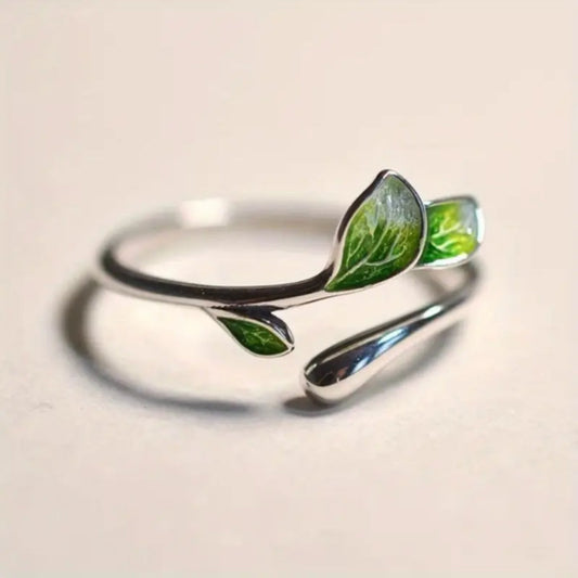 Bague Réglable Feuille Émail Vert