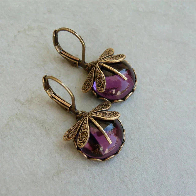 Boucles d'Oreilles Libellule Sphérique en Or Antique