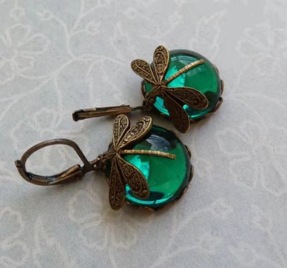 Boucles d'Oreilles Libellule Sphérique en Or Antique