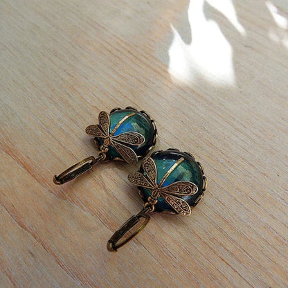 Boucles d'Oreilles Libellule Sphérique en Or Antique