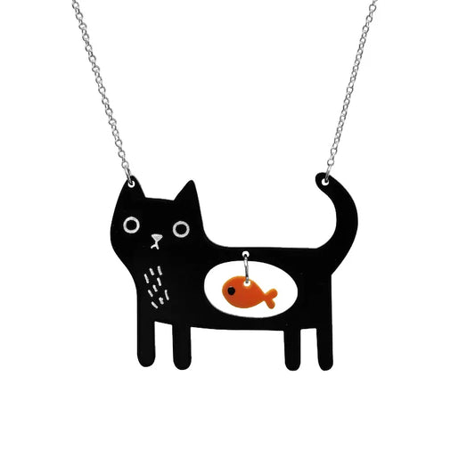 Collier Pendentif Acrylique Fantaisiste Chat et Poisson
