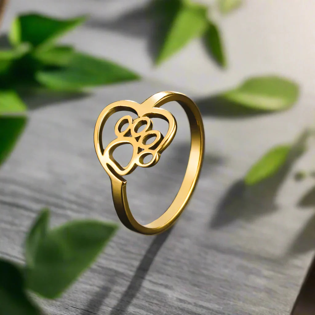 Bague Patte et Cœur Ton Or – Bijou Acier Inoxydable pour Amoureux des Animaux