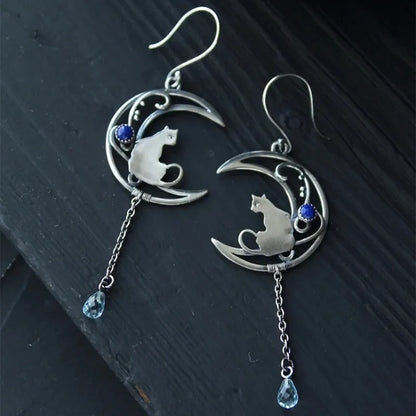 Boucles d'oreilles Chat Clair de Lune – Design Croissant Vintage avec Pierre Lapis Lazuli