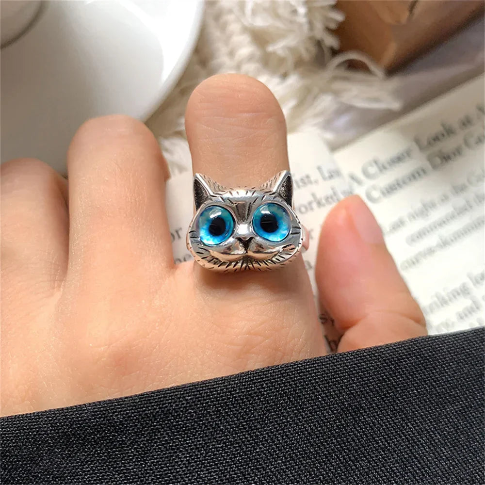Bague Chat aux Yeux Bleus – Bague Animal Argent Vintage Ludique pour Amoureux des Chats