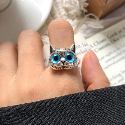 Bague Chat aux Yeux Bleus – Bague Animal Argent Vintage Ludique pour Amoureux des Chats
