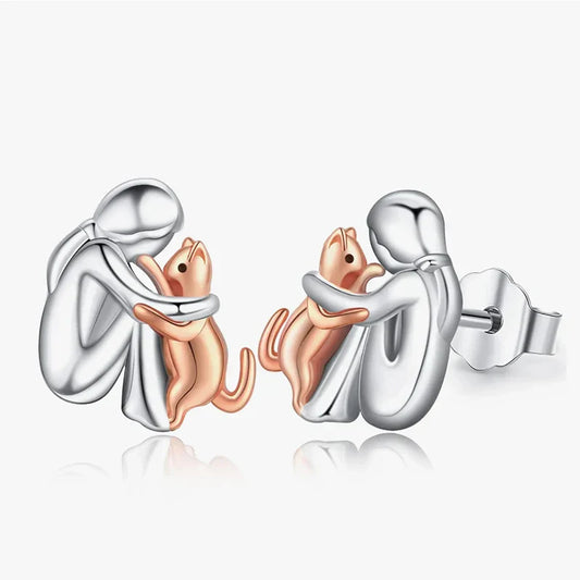 Boucles d'oreilles Câlin Chat Bicolores Argent et Or