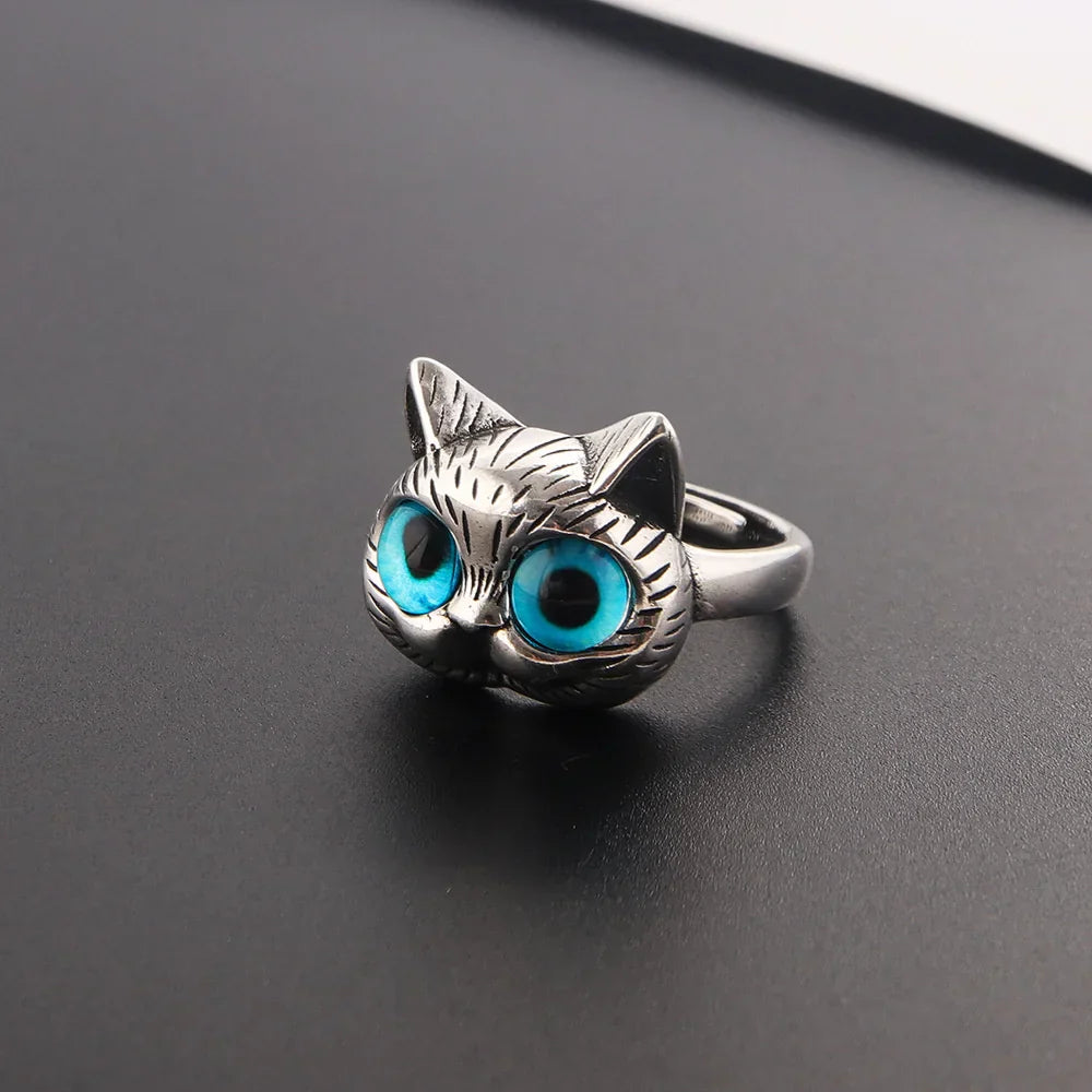 Bague Chat aux Yeux Bleus – Bague Animal Argent Vintage Ludique pour Amoureux des Chats