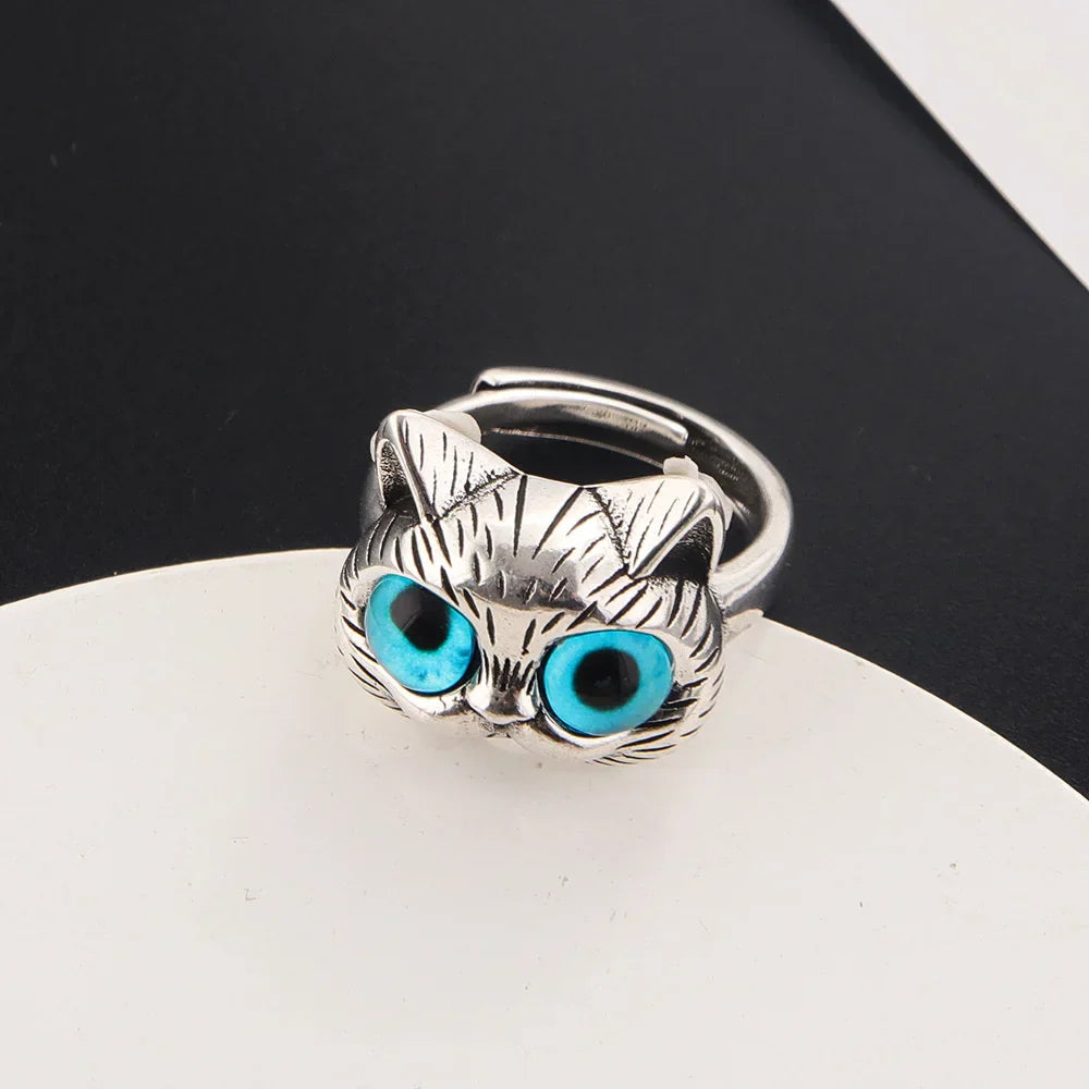 Bague Chat aux Yeux Bleus – Bague Animal Argent Vintage Ludique pour Amoureux des Chats