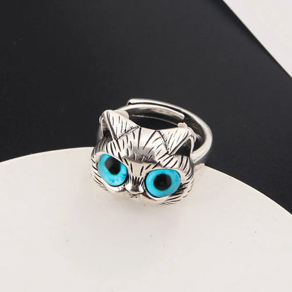 Bague Chat aux Yeux Bleus – Bague Animal Argent Vintage Ludique pour Amoureux des Chats