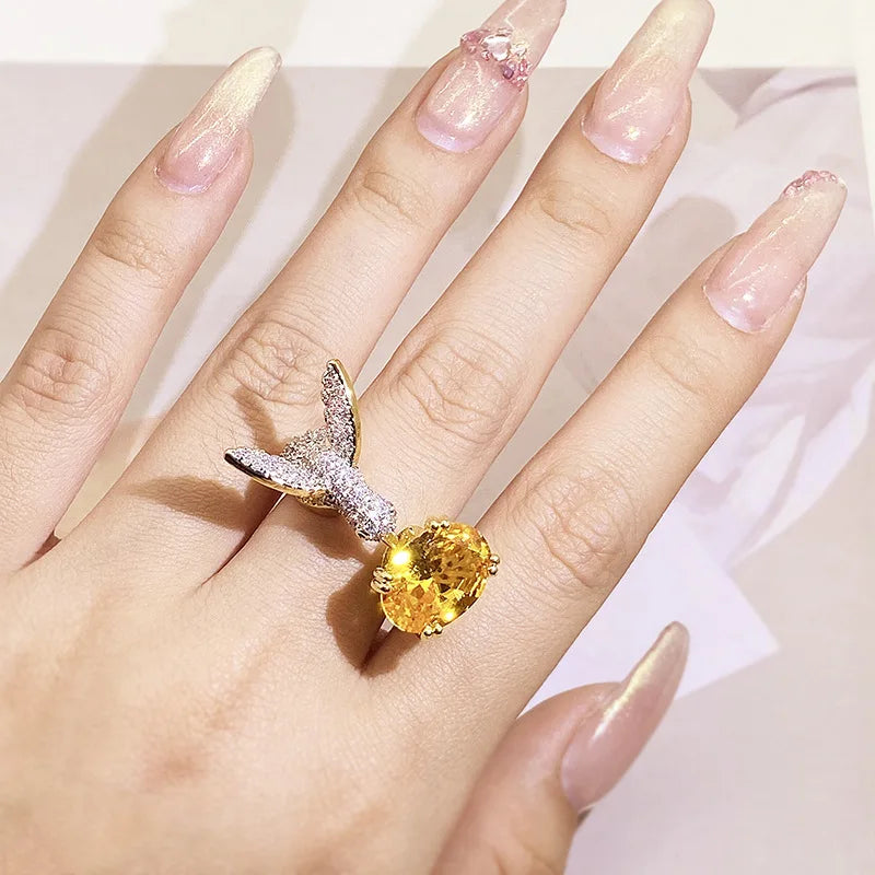 Bague Colibri Pierre Gemme Réglable – Zircon, Placé Or 14K