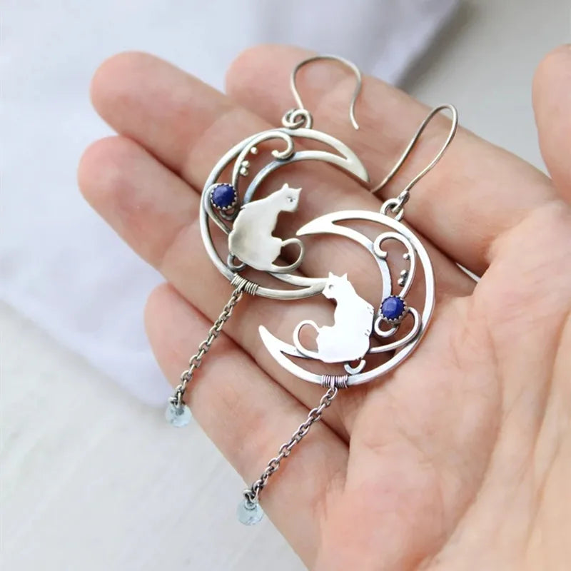 Boucles d'oreilles Chat Clair de Lune – Design Croissant Vintage avec Pierre Lapis Lazuli