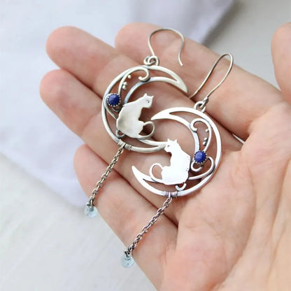 Boucles d'oreilles Chat Clair de Lune – Design Croissant Vintage avec Pierre Lapis Lazuli