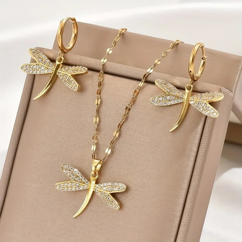 Collier Bijou Libellule Dorée avec Boucles d'oreilles Offertes