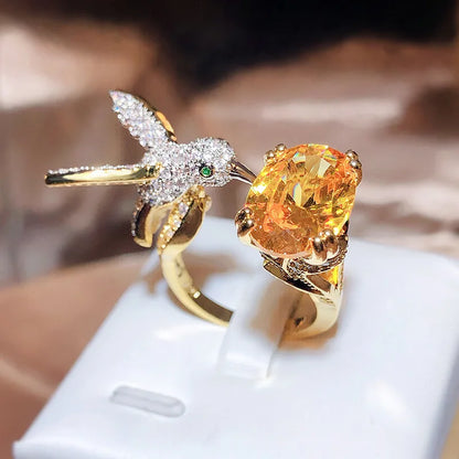 Bague Colibri Pierre Gemme Réglable – Zircon, Placé Or 14K