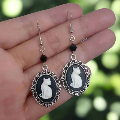 Boucles d'oreilles Tomettes Chat Blanc Vintage – Bijou Cadre Argent pour Femme