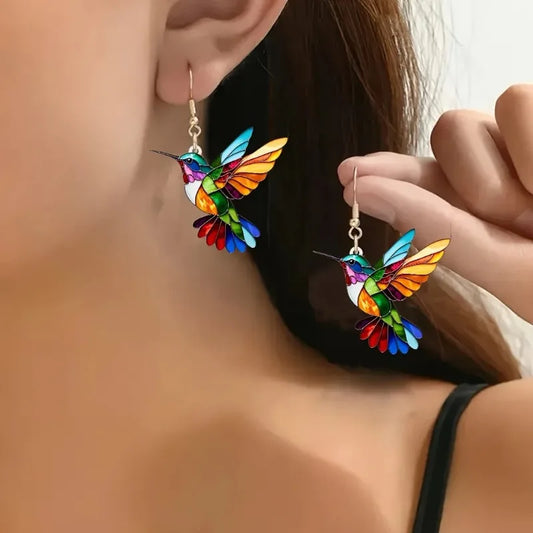 Boucles d'oreilles Pendentifs Colibri en Acrylique – Design d'Oiseau 2D Brillant