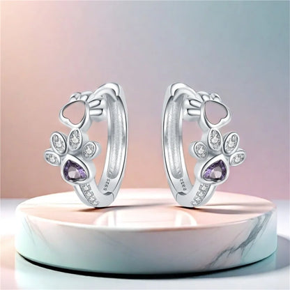 Boucles d'oreilles Huggie Patte en Argent Sterling 925 – Avec Zircone et Cœur en Pierre