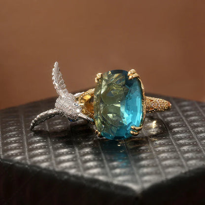 Bague Colibri Réglable Couleur Aigue-Marine – Placé Or 14K