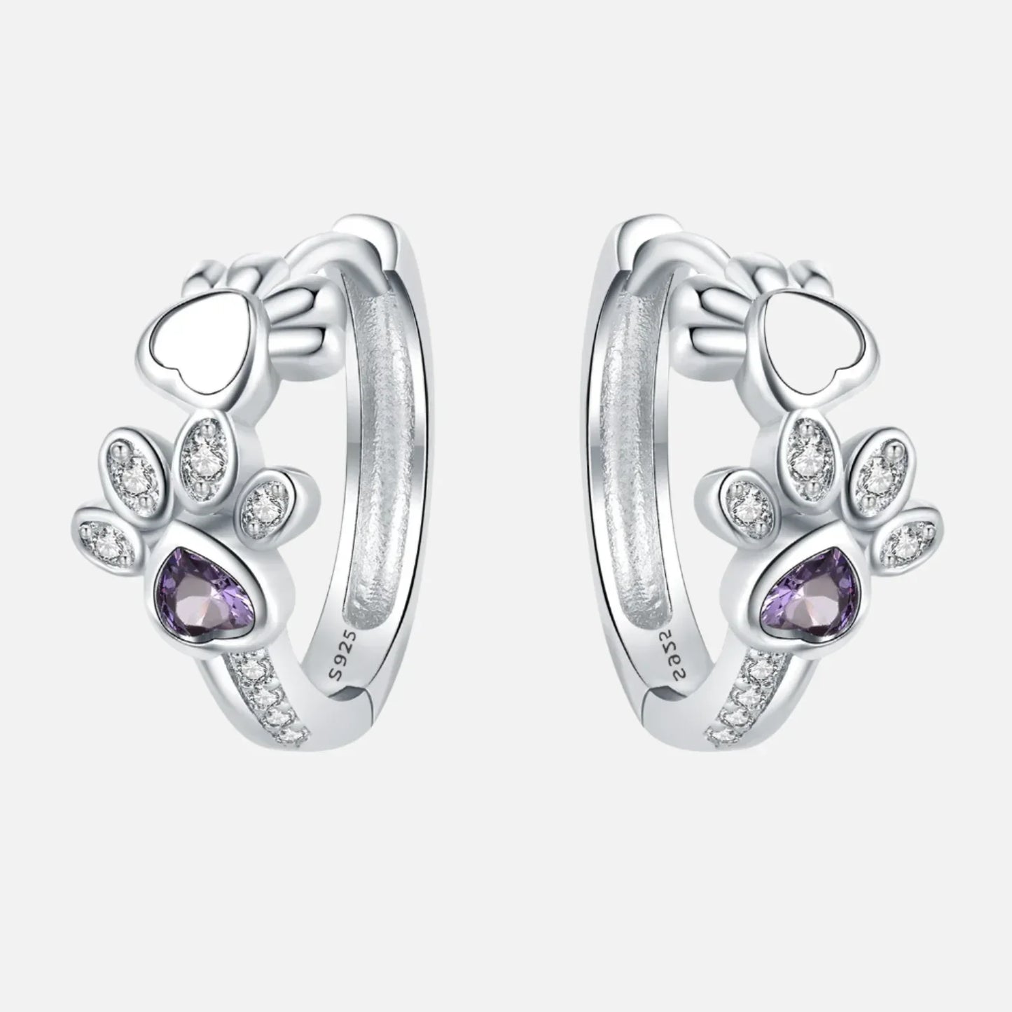 Boucles d'oreilles Huggie Patte en Argent Sterling 925 – Avec Zircone et Cœur en Pierre