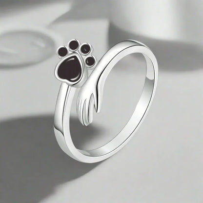 Bague Réglable en Argent Sterling 925 – Design Main et Empreinte Patte