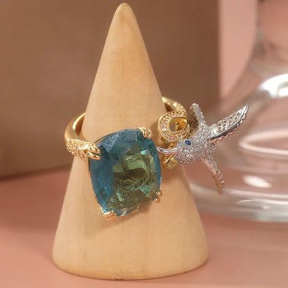 Bague Colibri Réglable Couleur Aigue-Marine – Placé Or 14K