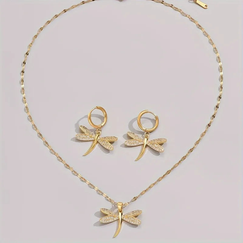 Collier Bijou Libellule Dorée avec Boucles d'oreilles Offertes