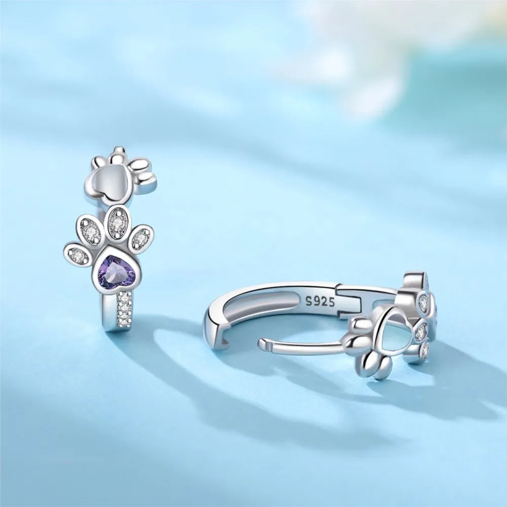 Boucles d'oreilles Huggie Patte en Argent Sterling 925 – Avec Zircone et Cœur en Pierre