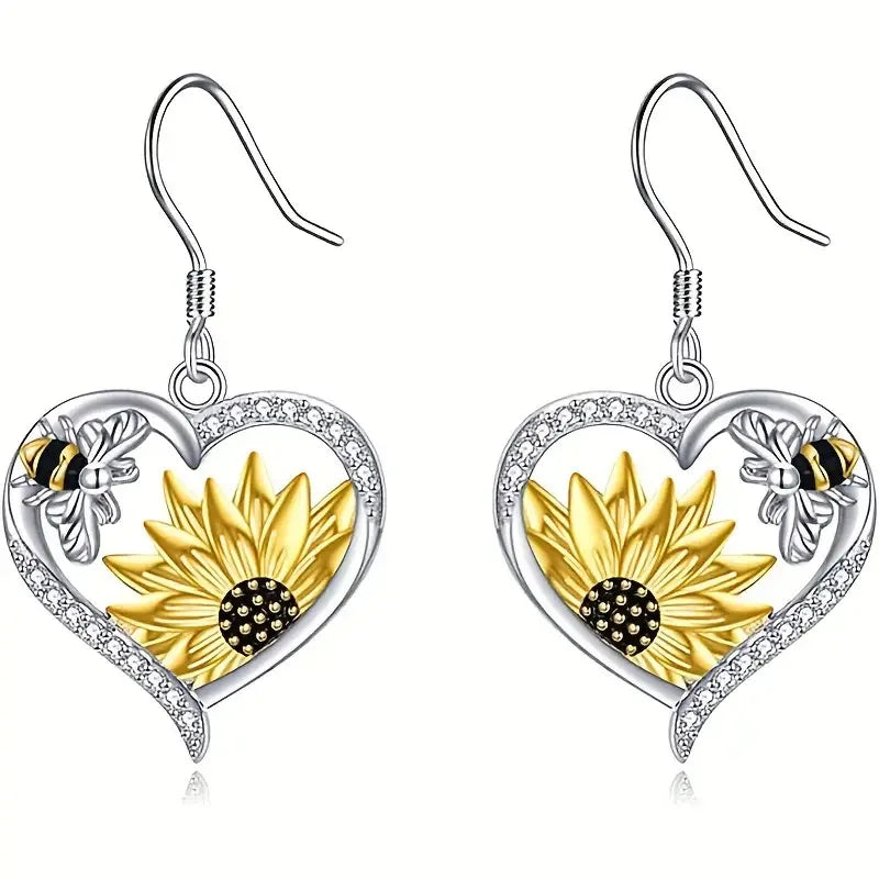 Boucles d'oreilles Tomettes Vintage Cœur Tournesol et Abeille