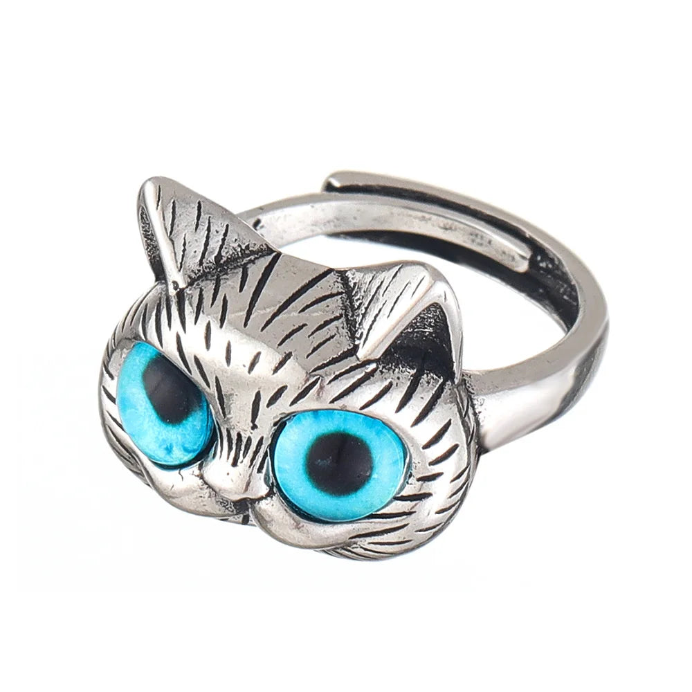 Bague Chat aux Yeux Bleus – Bague Animal Argent Vintage Ludique pour Amoureux des Chats