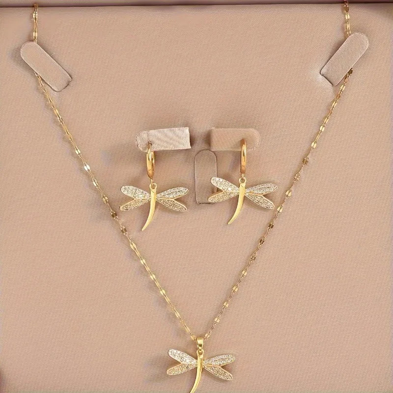 Collier Bijou Libellule Dorée avec Boucles d'oreilles Offertes