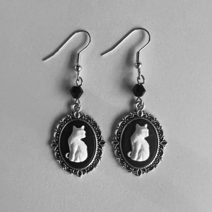 Boucles d'oreilles Tomettes Chat Blanc Vintage – Bijou Cadre Argent pour Femme