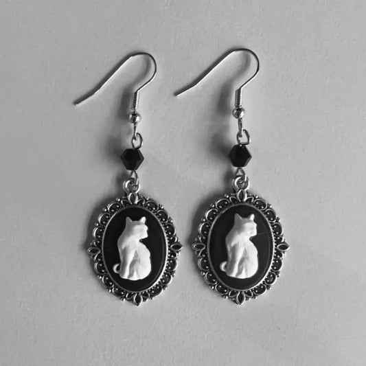 Boucles d'oreilles Tomettes Chat Blanc Vintage – Bijou Cadre Argent pour Femme