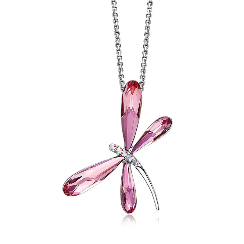 Collier Pendentif Libellule Cristal Rose