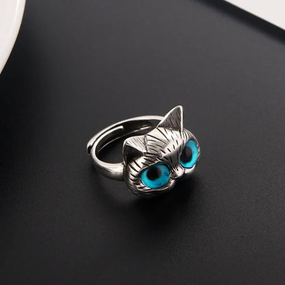 Bague Chat aux Yeux Bleus – Bague Animal Argent Vintage Ludique pour Amoureux des Chats