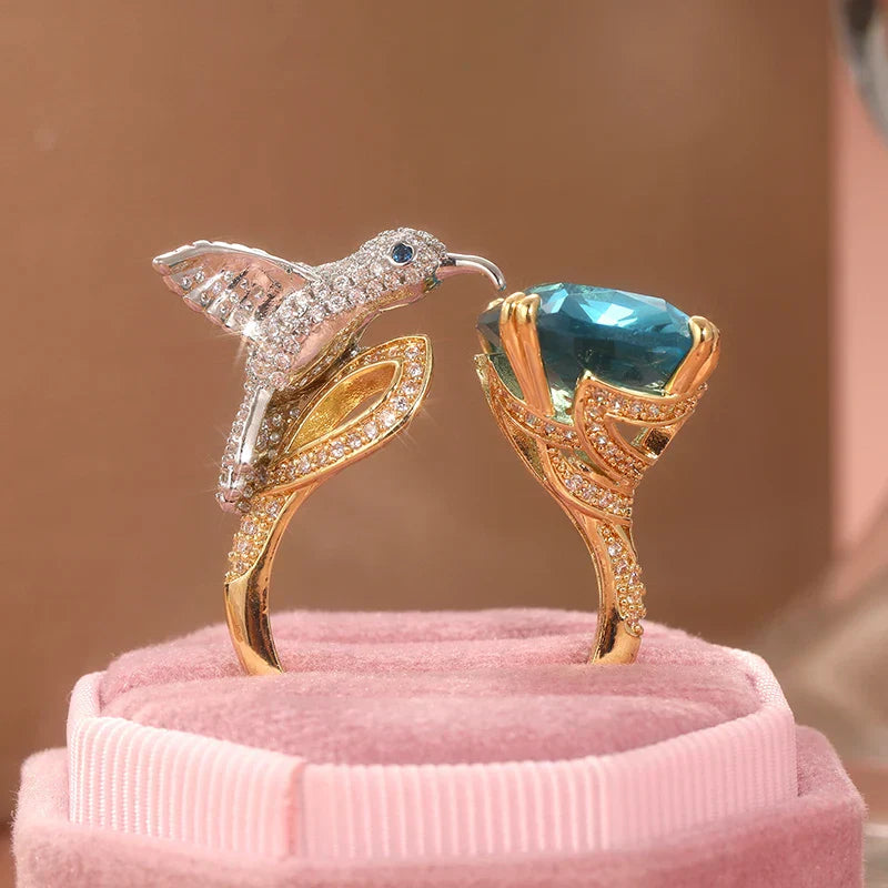 Bague Colibri Réglable Couleur Aigue-Marine – Placé Or 14K