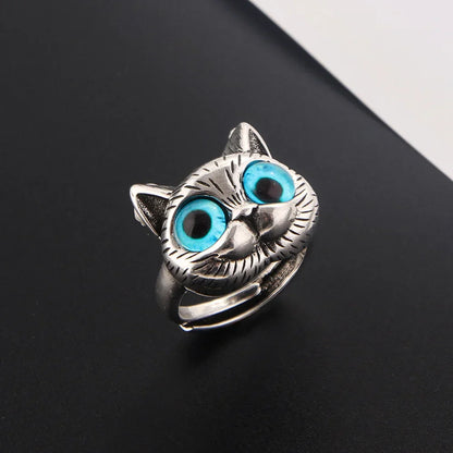 Bague Chat aux Yeux Bleus – Bague Animal Argent Vintage Ludique pour Amoureux des Chats