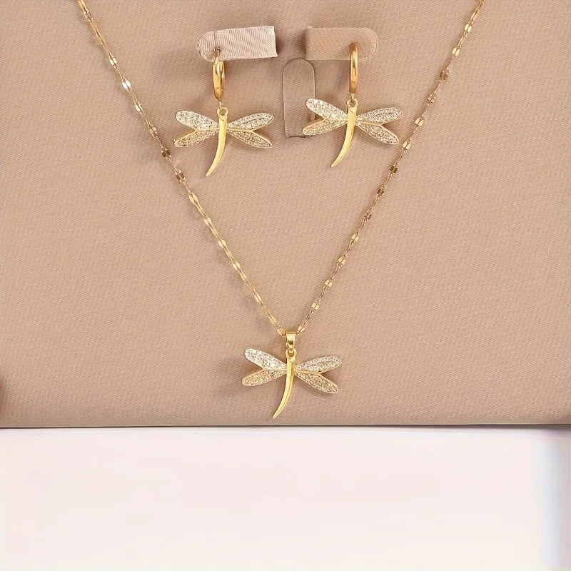 Collier Bijou Libellule Dorée avec Boucles d'oreilles Offertes
