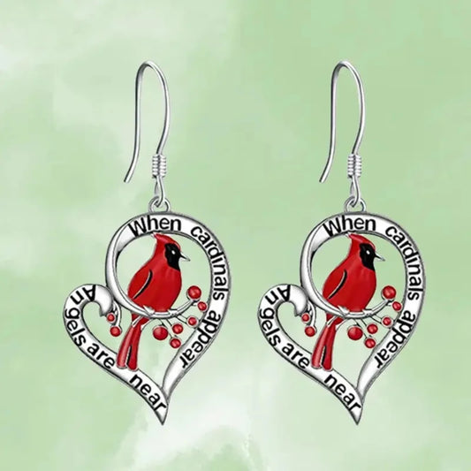 Boucles d'oreilles Commémoratives Cardinal – « Quand les Cardinals Apparaissent, les Anges Sont Proches » Cœur Tombant