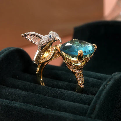 Bague Colibri Réglable Couleur Aigue-Marine – Placé Or 14K