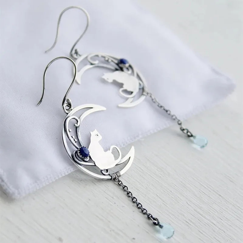 Boucles d'oreilles Chat Clair de Lune – Design Croissant Vintage avec Pierre Lapis Lazuli